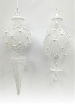 Image of 2 frosted glass finial Christmas ornaments with thin white glitter criss-cross lines and pearls accenting the intersections
