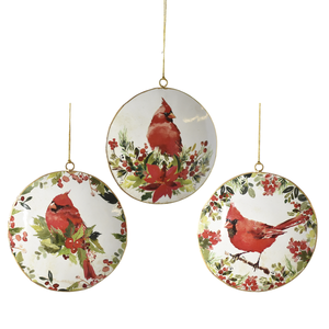 Image of 3 Christmas ornaments that have watercolor lifelike cardinals in the center od the disc and surrounded by holly vines with berries