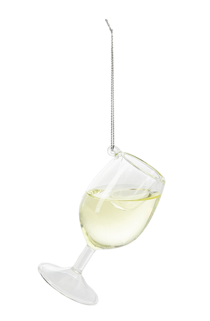 Image of a Christmas ornament that is a wine glass with chardonnay inside that moves around if the ornament wiggles