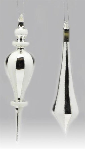 Image of 2 long finial Christmas ornaments  that have alternating sides of silver or white
