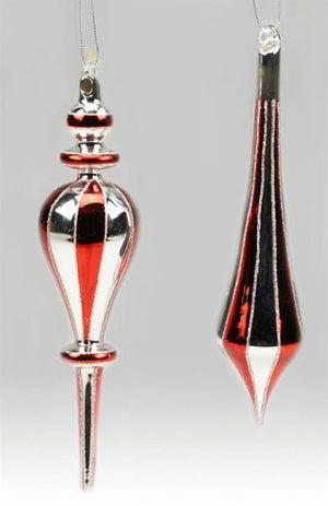 Image of 2 long finial Christmas ornaments  that have alternating sides of silver or red