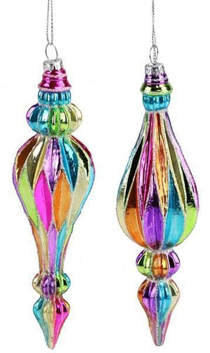 Image of two finial shaped Christmas ornaments that have a different bright color on each side