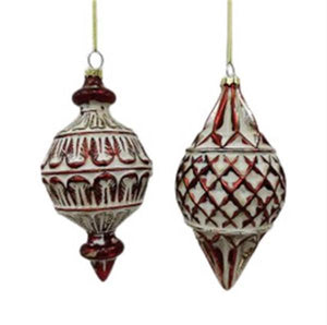 Image of two finial  Christmas ornaments that are red with a matte white antiquing in the grooves of the ornament