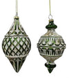 Image of two finial  Christmas ornaments that are green with a matte white antiquing in the grooves of the ornament