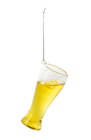 Image of a Christmas ornament that is a pilsner glass with beer inside that moves around if the ornament wiggles