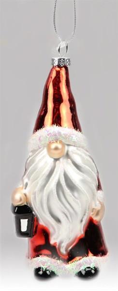 Image of a Christmas ornament that is a gnome wearing a red hat and robe while holding a black lantern