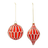 Shiny Red Geometric Glass Ornaments with Glitter Edges, Set of 2