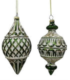 Image of two finial  Christmas ornaments that are green with a matte white antiquing in the grooves of the ornament