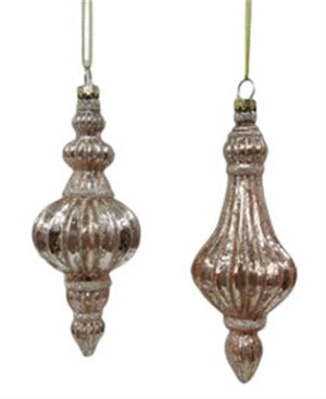 Image of two finial  Christmas ornaments that are pale pink with a mercury glass style matte finish