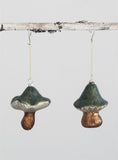 Green Flocked Glass Mushroom Ornaments, Set of 2