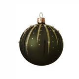 Dark Green Glass Ball Ornament with Gold Line Drops, Set of 6