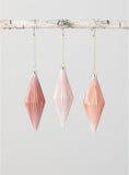 Pink Fluted Elongated Oval Glass Ornament, Set of 3